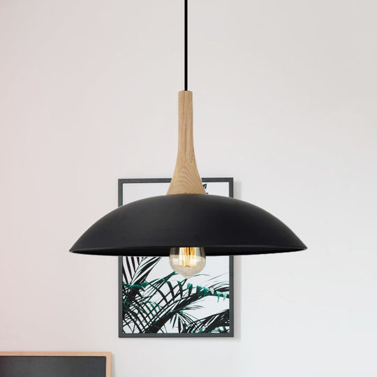 Modernism Style Bowl Pendant Light - Wood And Metal 12.5/16 Wide Black/White Perfect For Table Black