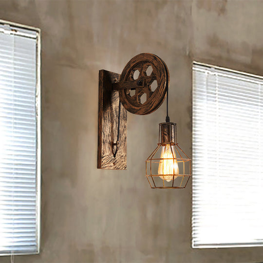 Antique Bronze Metal Wall Sconce With Pulley And Grid Cage - Ideal For Bars