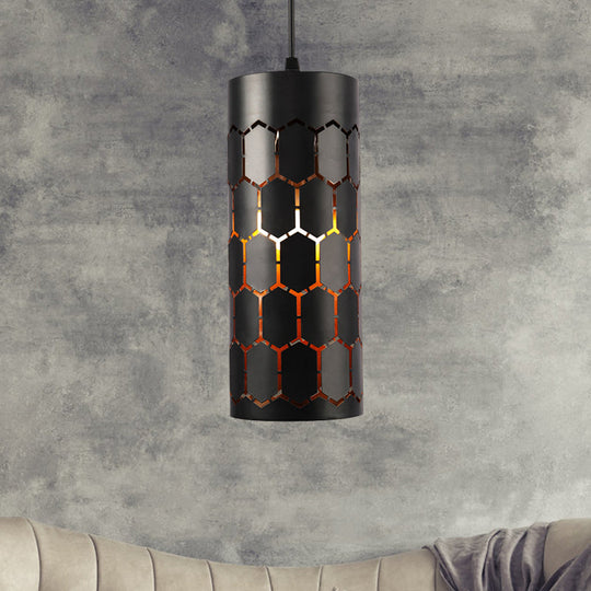 Stylish Etched Cylinder Hanging Light - Antique Iron Pendant In Black Finish For Bars