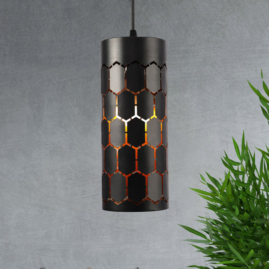 Stylish Etched Cylinder Hanging Light - Antique Iron Pendant In Black Finish For Bars