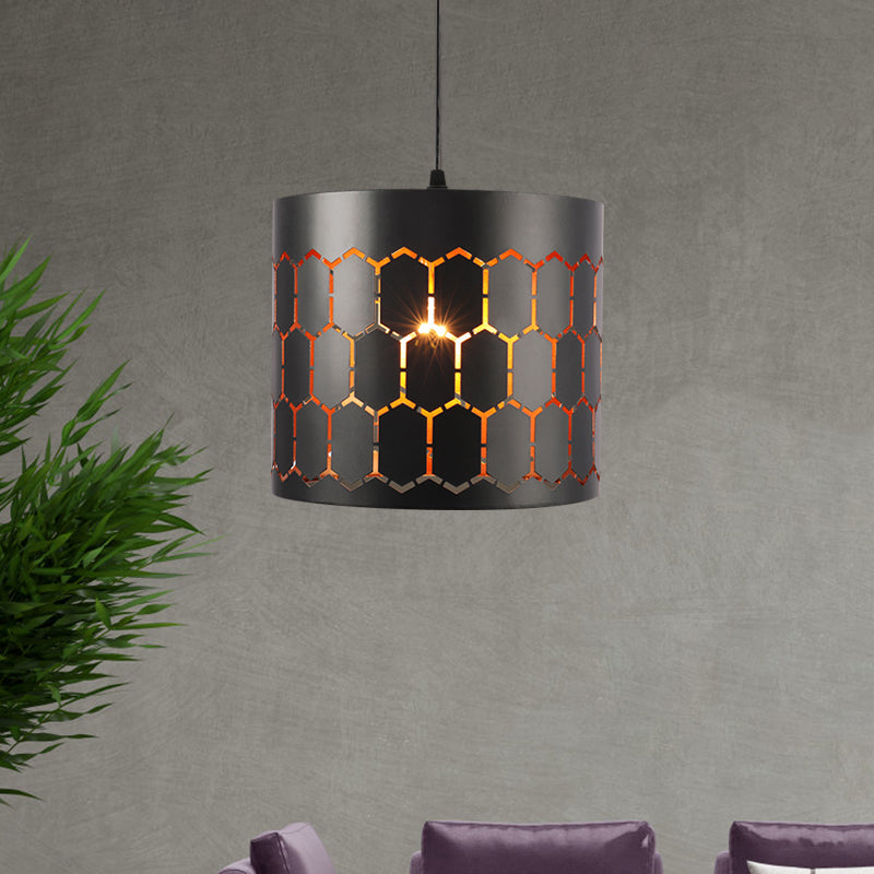 Stylish Etched Cylinder Hanging Light - Antique Iron Pendant In Black Finish For Bars