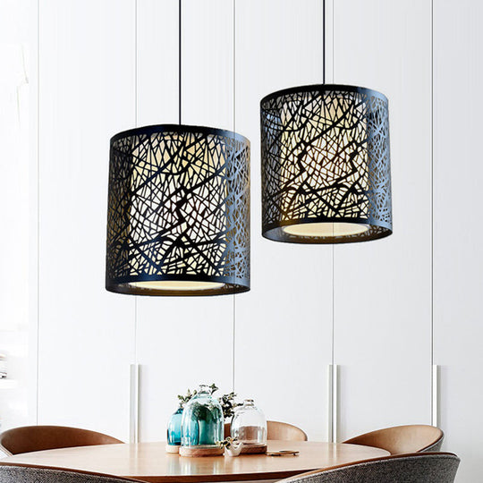 Modern Black Iron Drum Pendant Light With Etched Design - 1 Ceiling Hanging Fixture