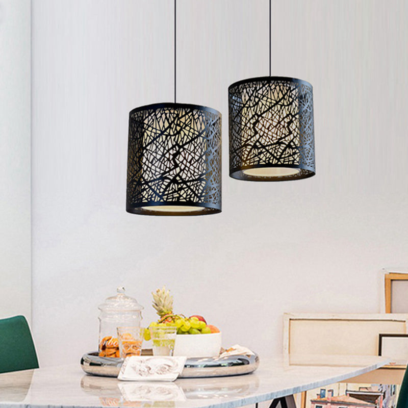 Modern Black Iron Drum Pendant Light With Etched Design - 1 Ceiling Hanging Fixture