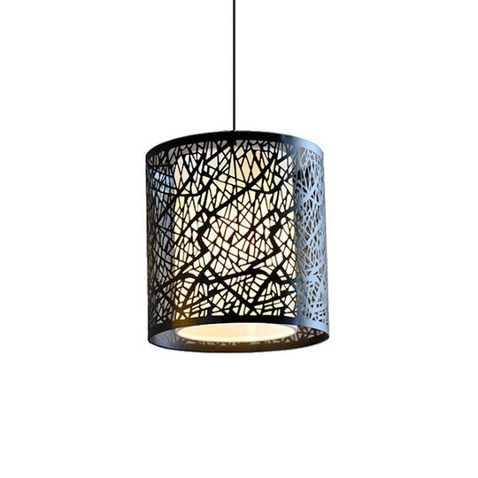 Modern Iron Drum Pendant Light with Etched Design - Black Shade