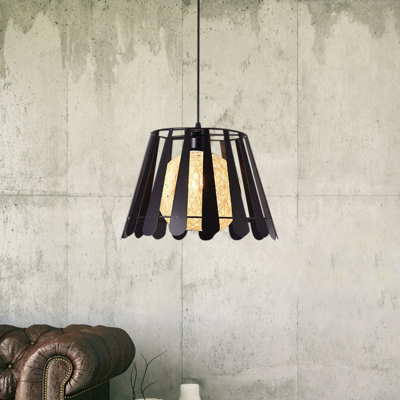 Industrial Metal Kitchen Pendant Light with Tapered Cage and Rattan Shade - White/Black