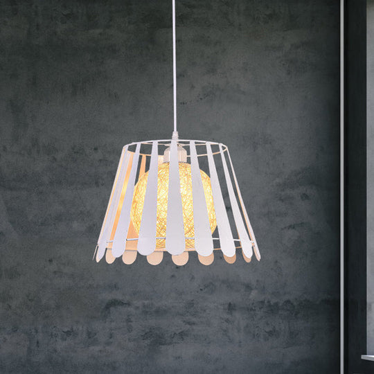 Industrial Metal Kitchen Pendant Light with Tapered Cage and Rattan Shade - White/Black