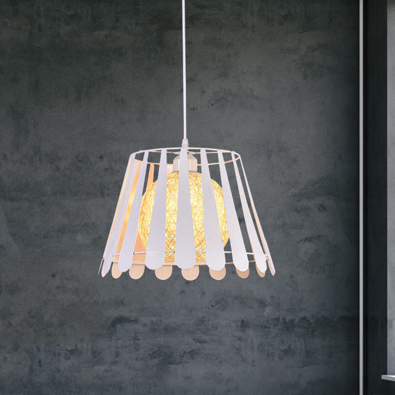 Industrial Metal Kitchen Pendant Light - Tapered Cage Design White/Black With Rattan Shade White