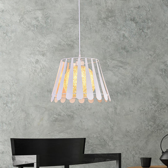 Industrial Metal Kitchen Pendant Light with Tapered Cage and Rattan Shade - White/Black