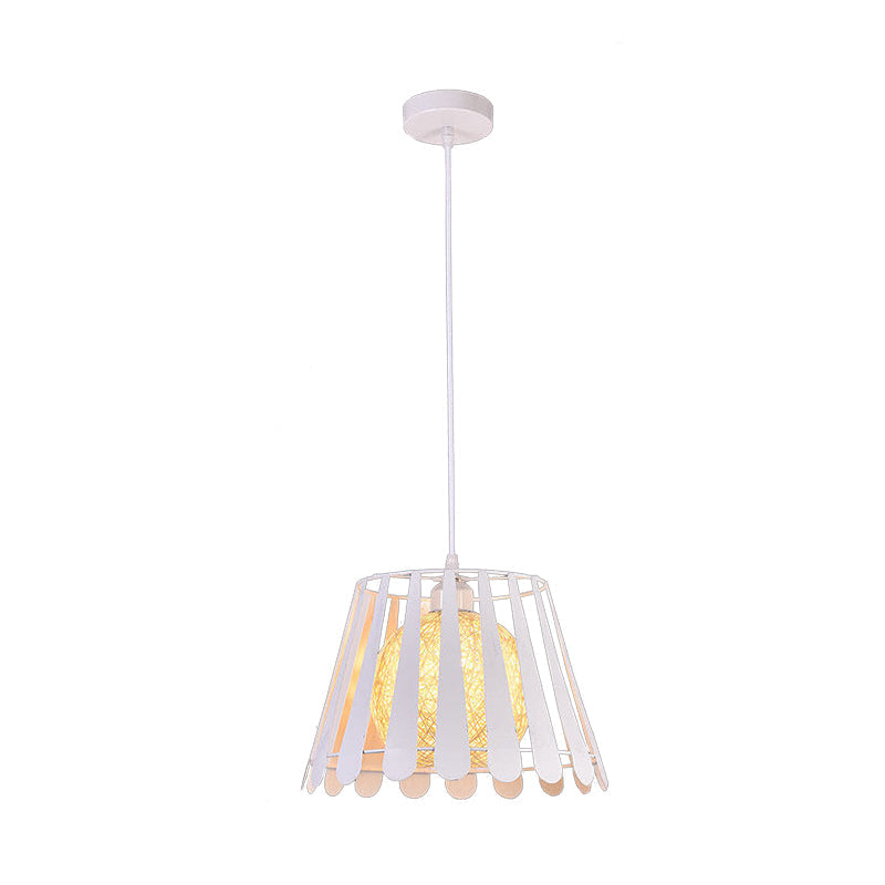 Industrial Metal Kitchen Pendant Light with Tapered Cage and Rattan Shade - White/Black