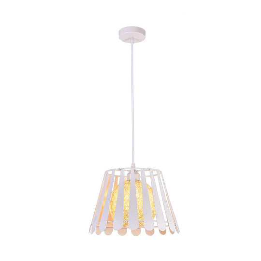 Industrial Metal Kitchen Pendant Light with Tapered Cage and Rattan Shade - White/Black