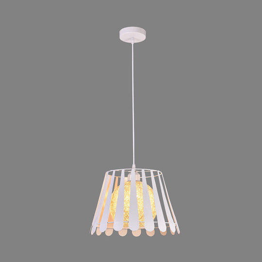 Industrial Metal Kitchen Pendant Light with Tapered Cage and Rattan Shade - White/Black