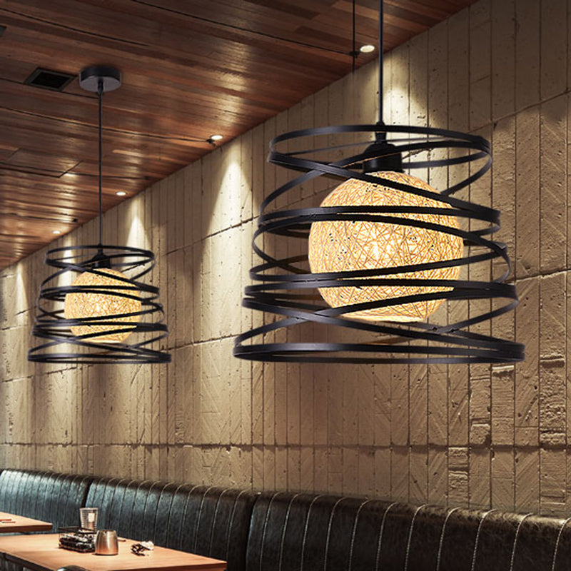 Industrial Metal Dining Room Pendant Light - Swirl Conic Style 1 Head White/Black Wire Frame Black