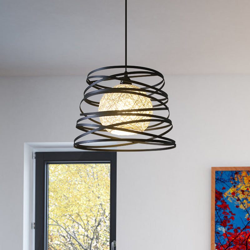 Industrial Metal Dining Room Pendant Light - Swirl Conic Style 1 Head White/Black Wire Frame