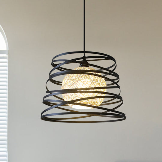 Industrial Metal Dining Room Pendant Light - Swirl Conic Style 1 Head White/Black Wire Frame