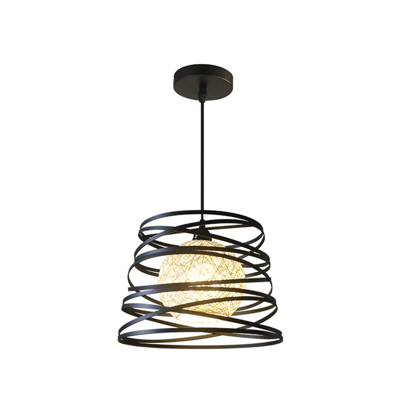 Industrial Metal Dining Room Pendant Light - Swirl Conic Style 1 Head White/Black Wire Frame