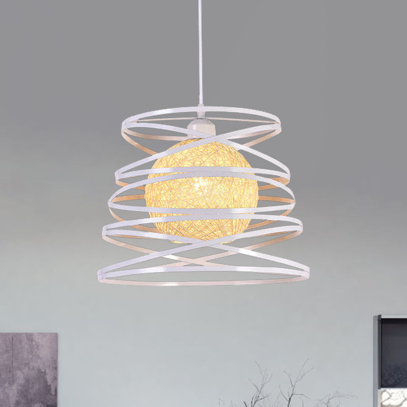 Industrial Metal Dining Room Pendant Light - Swirl Conic Style 1 Head White/Black Wire Frame White