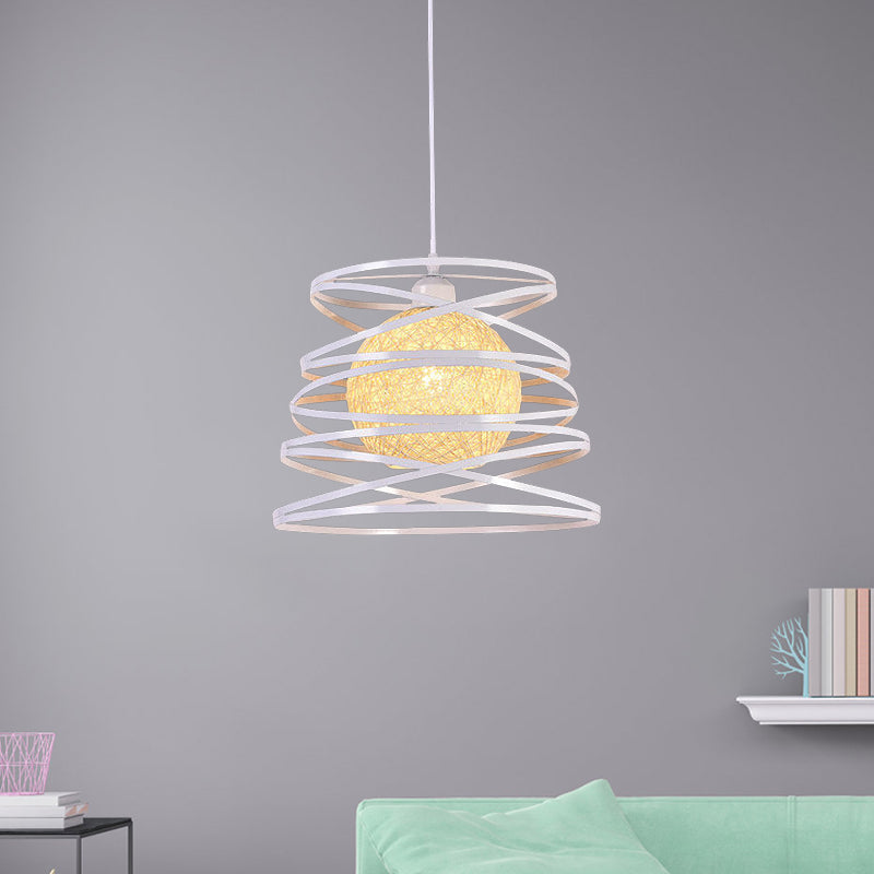 Industrial Metal Dining Room Pendant Light - Swirl Conic Style 1 Head White/Black Wire Frame