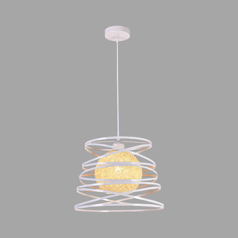 Industrial Metal Dining Room Pendant Light - Swirl Conic Style 1 Head White/Black Wire Frame