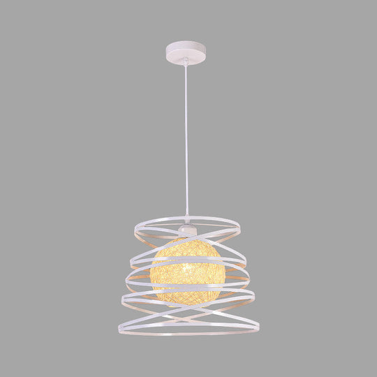 Industrial Metal Dining Room Pendant Light - Swirl Conic Style 1 Head White/Black Wire Frame