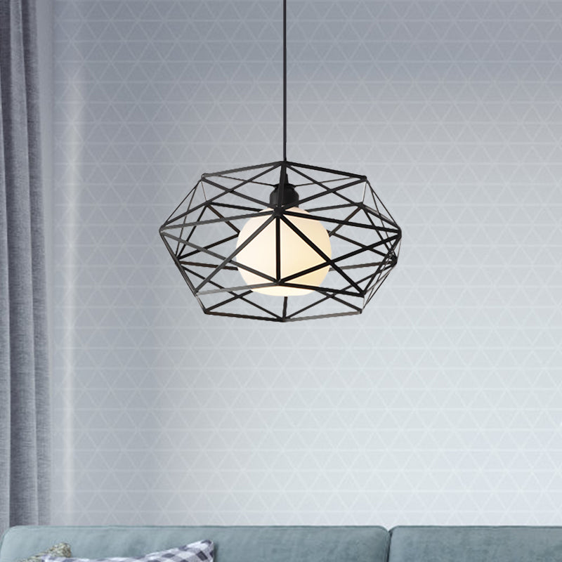 Industrial Metal Pendant Light With Geometric Cage Shade - Black/White