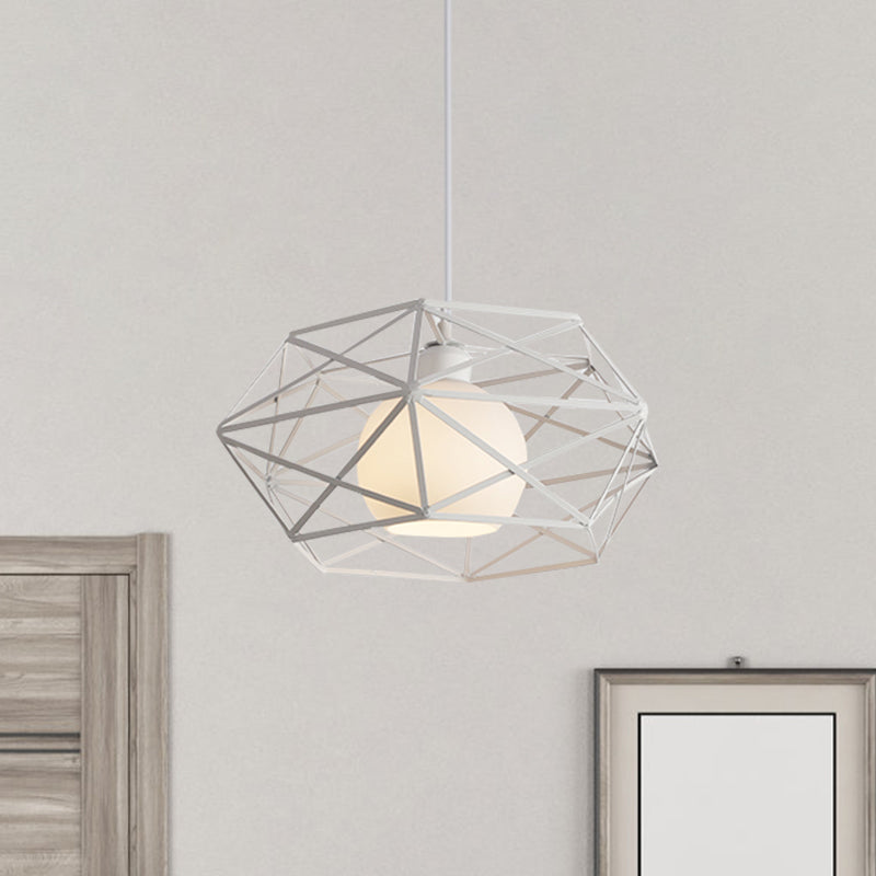 Industrial Metal Pendant Light With Geometric Cage Shade - Black/White