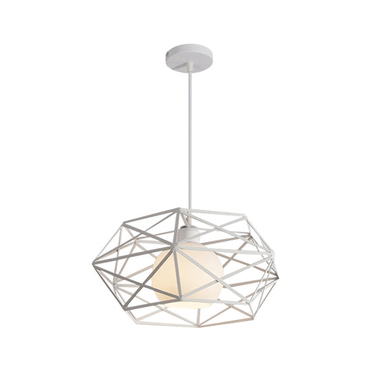 Industrial Metal Pendant Light With Geometric Cage Shade - Black/White