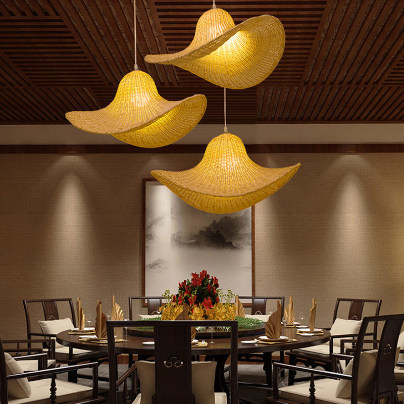 South-East 1-Bulb Hanging Pendant - 16/19.5 Long Rattan Beige Straw Hat Design For Restaurant Tea