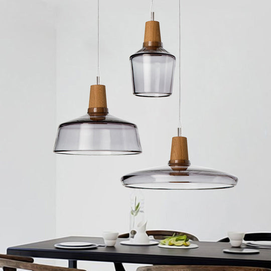 Modern Multi-Pendant Ceiling Light With Clear/Smoked Glass And Wood Accents Smoke Gray