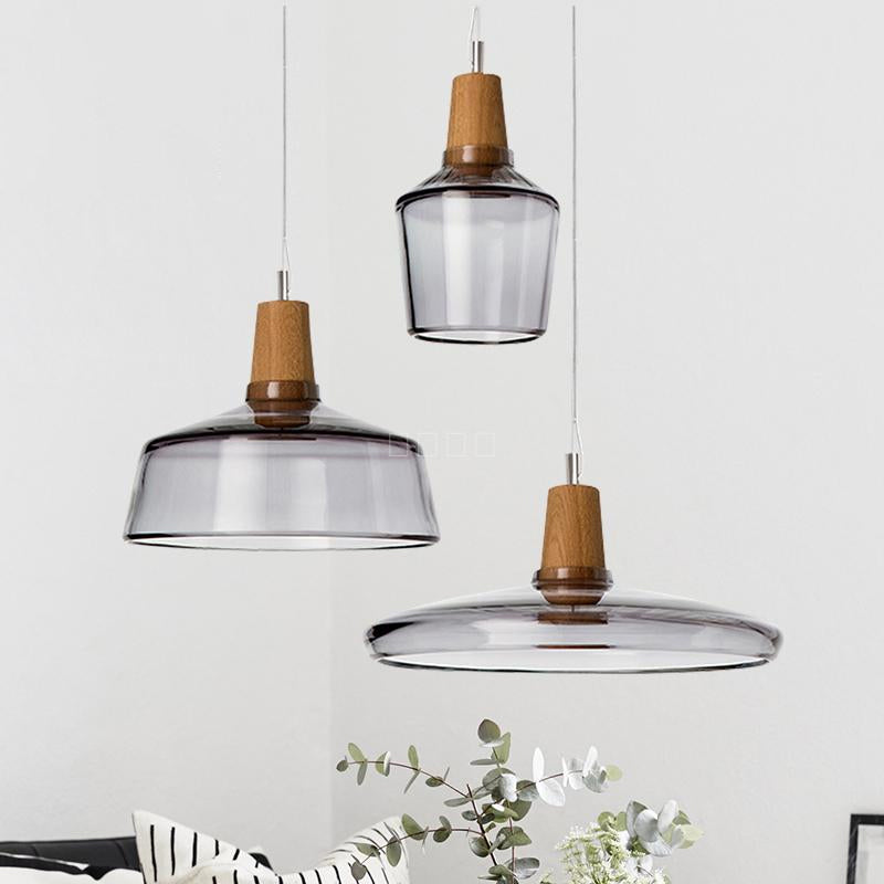 Modern Round Canopy Coffee Shop Multi Pendant Clear/Smoked Glass Ceiling Light with Wood Accent - 3-Light