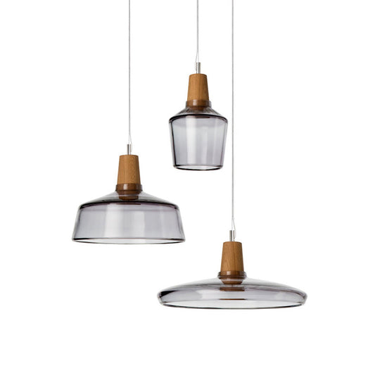 Modern Round Canopy Coffee Shop Multi Pendant Clear/Smoked Glass Ceiling Light with Wood Accent - 3-Light