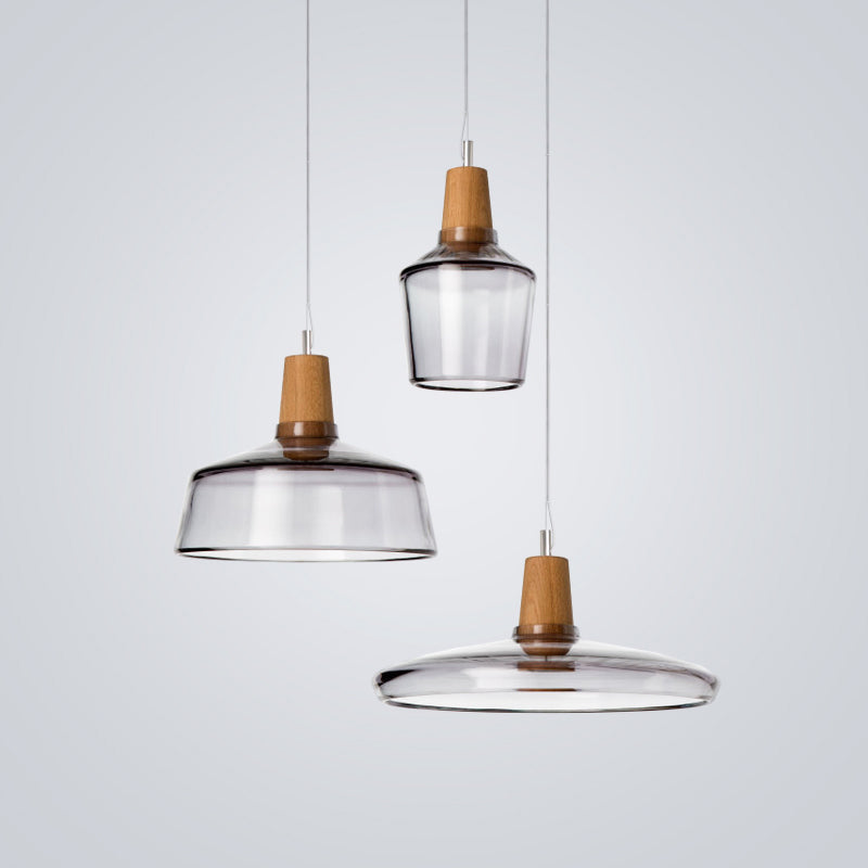 Modern Round Canopy Coffee Shop Multi Pendant Clear/Smoked Glass Ceiling Light with Wood Accent - 3-Light