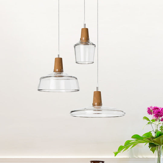 Modern Round Canopy Coffee Shop Multi Pendant Clear/Smoked Glass Ceiling Light with Wood Accent - 3-Light