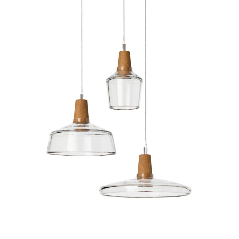 Modern Round Canopy Coffee Shop Multi Pendant Clear/Smoked Glass Ceiling Light with Wood Accent - 3-Light