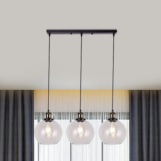 Globe Clear Glass Pendant Industrial Lighting - 3-Light, Linear Canopy, for Living Room