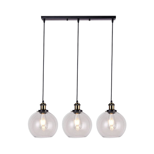 Globe Clear Glass Pendant Industrial Lighting - 3-Light, Linear Canopy, for Living Room