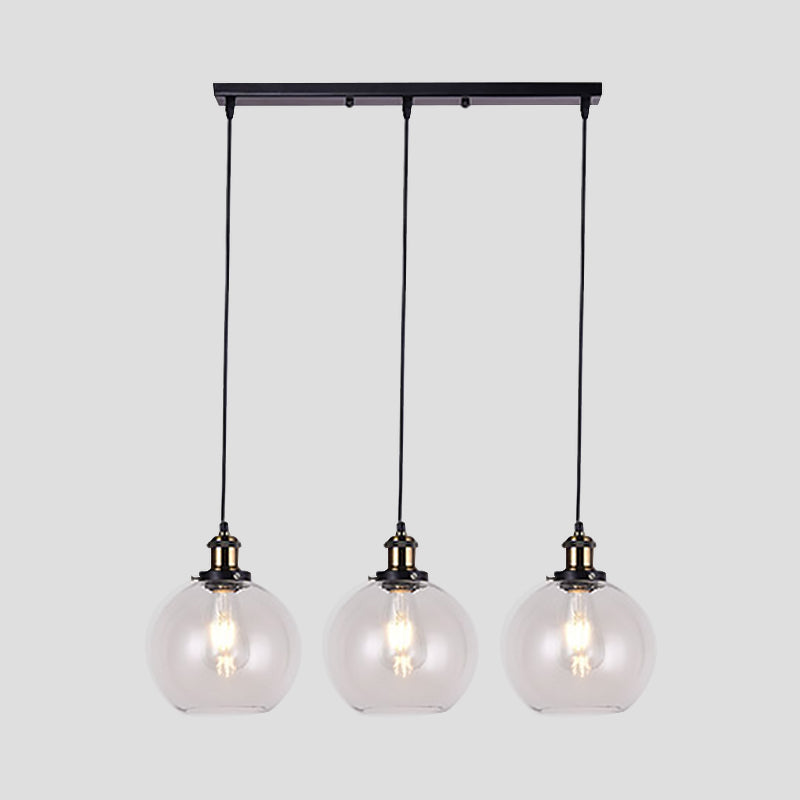 Globe Clear Glass Pendant Industrial Lighting - 3-Light, Linear Canopy, for Living Room