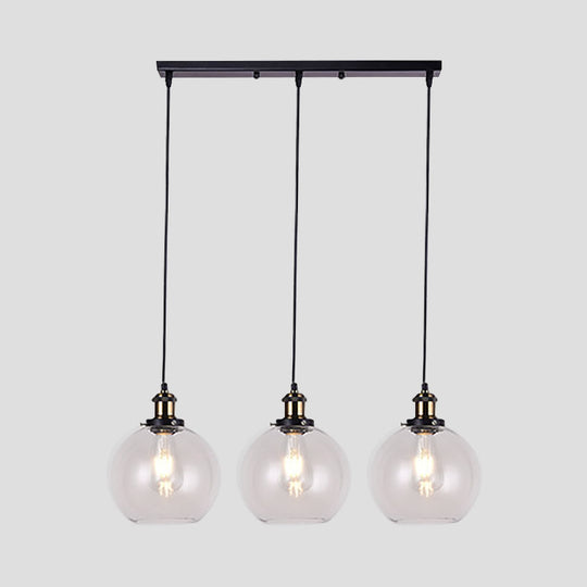 Globe Clear Glass Pendant Industrial Lighting - 3-Light, Linear Canopy, for Living Room