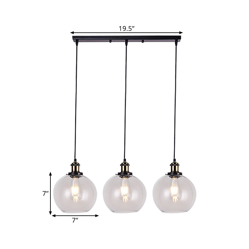 Globe Clear Glass Pendant Industrial Lighting - 3-Light, Linear Canopy, for Living Room