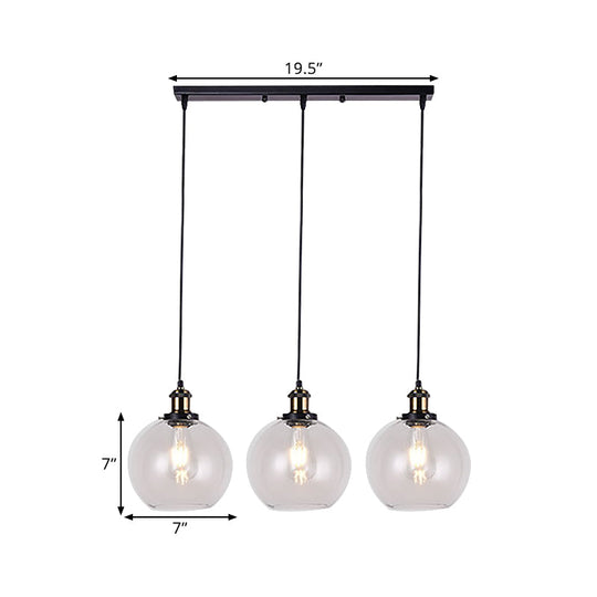 Globe Clear Glass Pendant Industrial Lighting - 3-Light, Linear Canopy, for Living Room