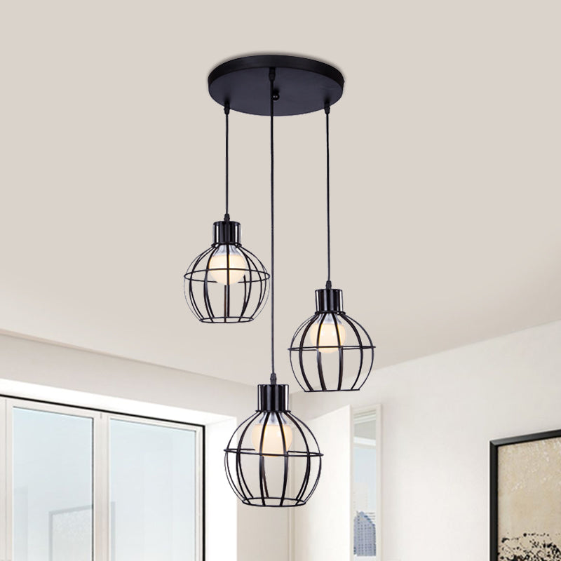 Industrial Style Black Pendant Light With Globe Shade - Set Of 3 Bulbs For Dining Room Lighting /