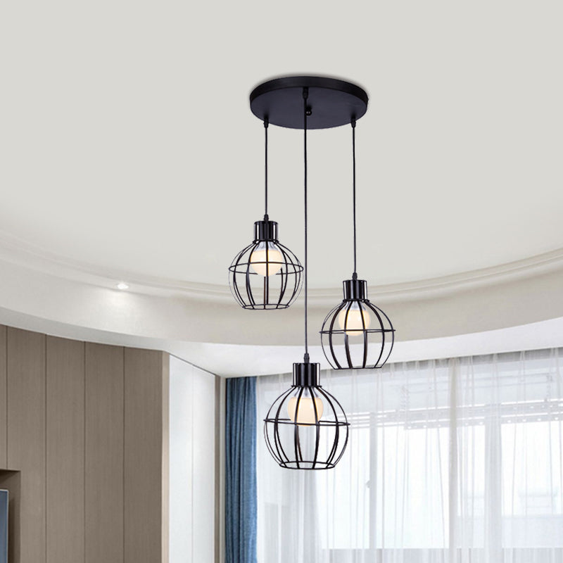 Industrial Style Black Pendant Light with 3 Bulbs, Wire Globe Shade - Ideal for Dining Room