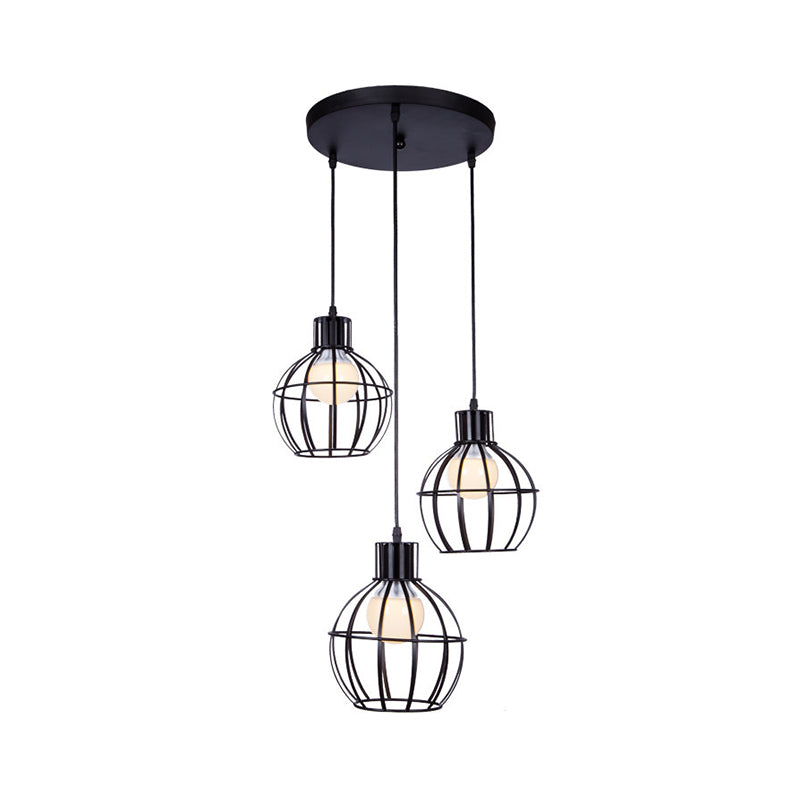 Industrial Style Black Pendant Light with 3 Bulbs, Wire Globe Shade - Ideal for Dining Room