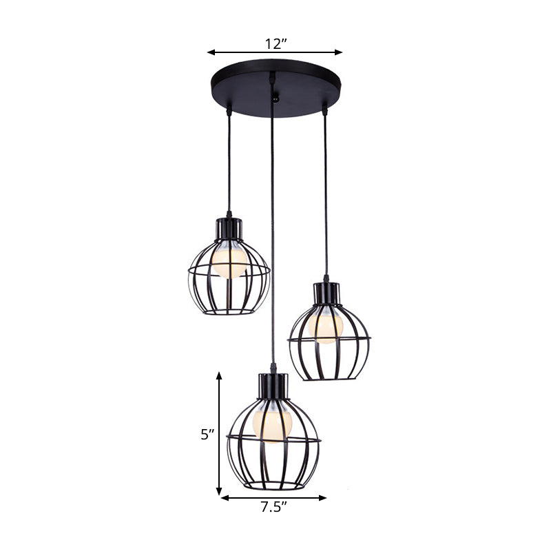 Industrial Style Black Pendant Light With Globe Shade - Set Of 3 Bulbs For Dining Room Lighting