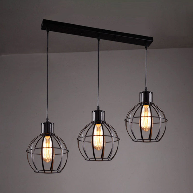 Industrial Style Black Pendant Light With Globe Shade - Set Of 3 Bulbs For Dining Room Lighting /