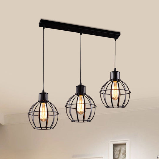 Industrial Style Black Pendant Light With Globe Shade - Set Of 3 Bulbs For Dining Room Lighting