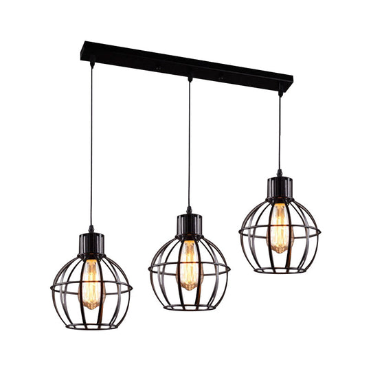 Industrial Style Black Pendant Light With Globe Shade - Set Of 3 Bulbs For Dining Room Lighting