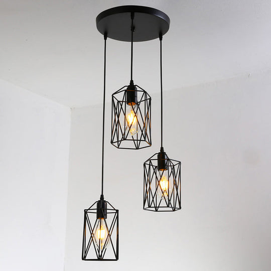 Industrial Black Metallic Pendant Lamp With 3 Heads Cylinder Cage - Ideal For Restaurants / Round