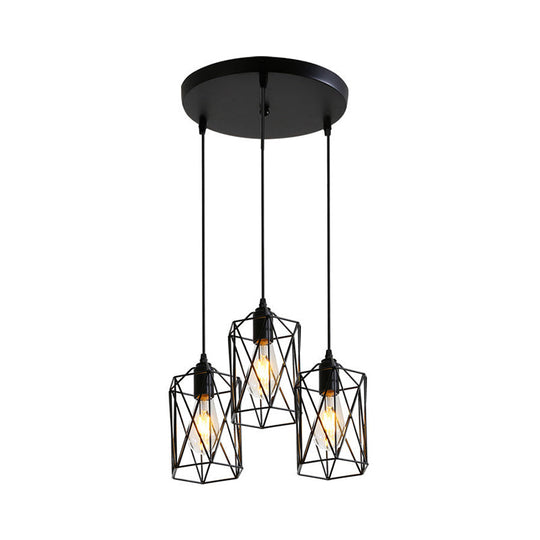 Industrial Black Metallic Pendant Lamp With 3 Heads Cylinder Cage - Ideal For Restaurants