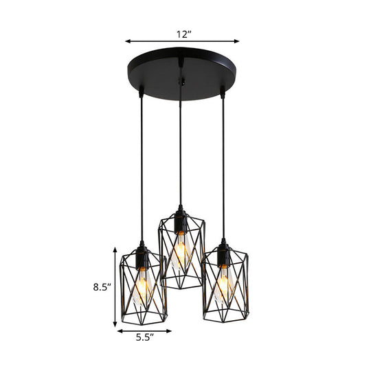 Industrial Black Metallic Pendant Lamp with 3 Cylinder Heads for Restaurants