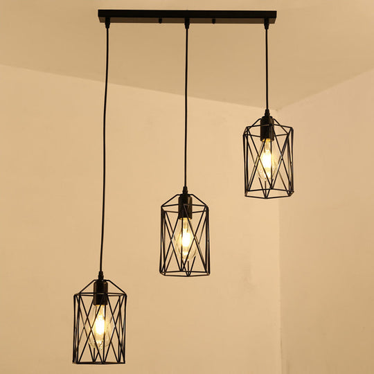 Industrial Black Metallic Pendant Lamp With 3 Heads Cylinder Cage - Ideal For Restaurants / Linear